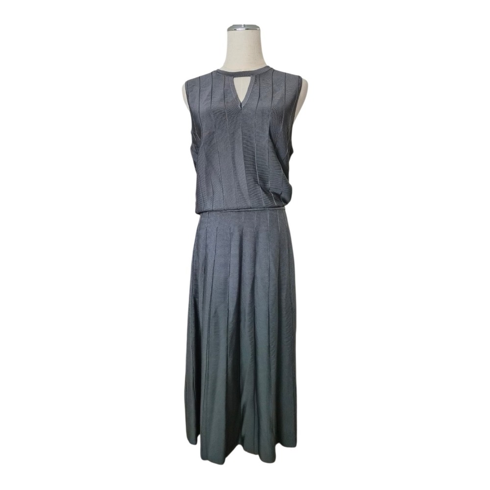 Etcetera Gray Knit Midi Dress Women's M Sleeveless Keyhole Neck Stretch
